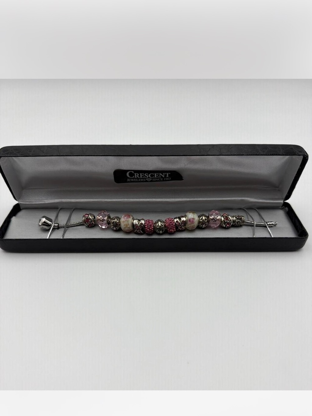 Crescent Pink  Bead Bracelet with Silver Accents